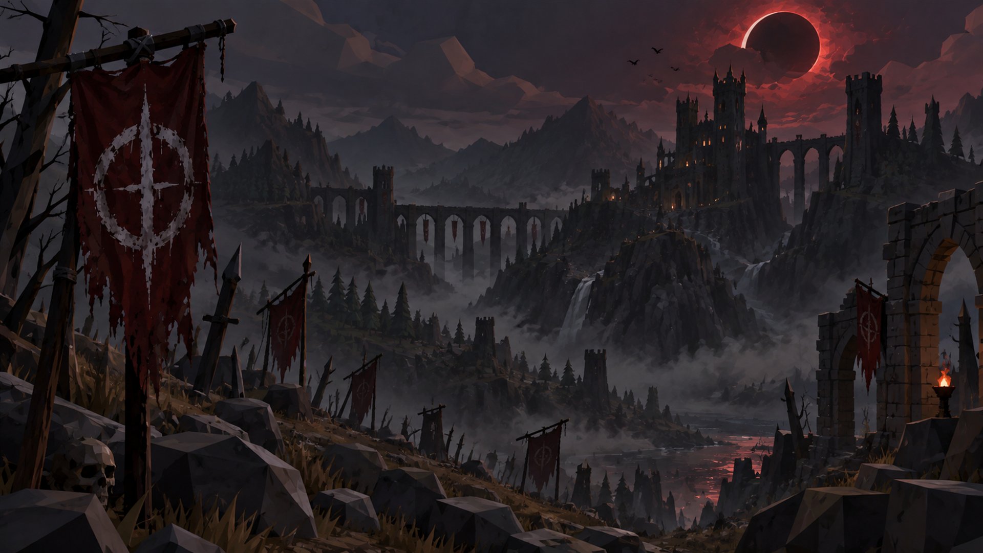 A misty valley of Ravenholm under a red moon